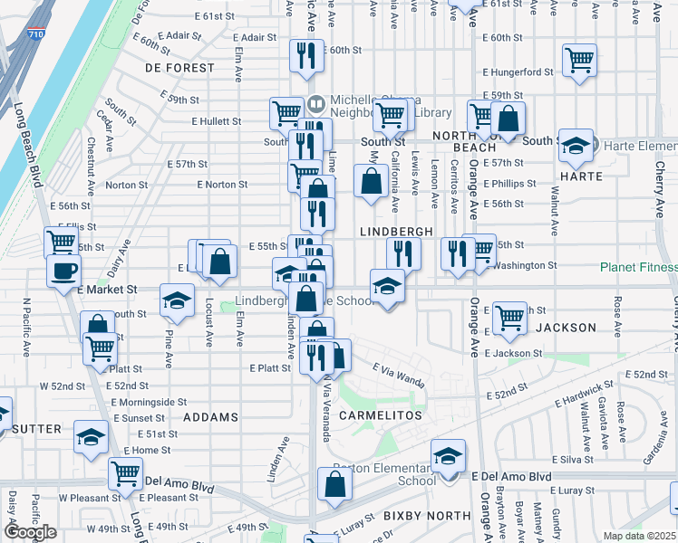 map of restaurants, bars, coffee shops, grocery stores, and more near 5430 Lime Avenue in Long Beach