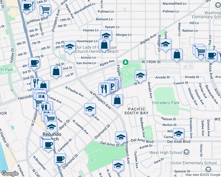 map of restaurants, bars, coffee shops, grocery stores, and more near 1303 Beryl Street in Redondo Beach