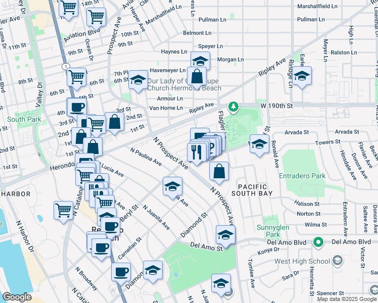 map of restaurants, bars, coffee shops, grocery stores, and more near 1216 Amethyst Street in Redondo Beach