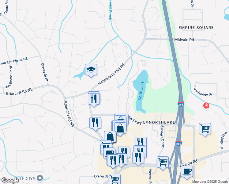 map of restaurants, bars, coffee shops, grocery stores, and more near 3225 Amblewood Court in Atlanta
