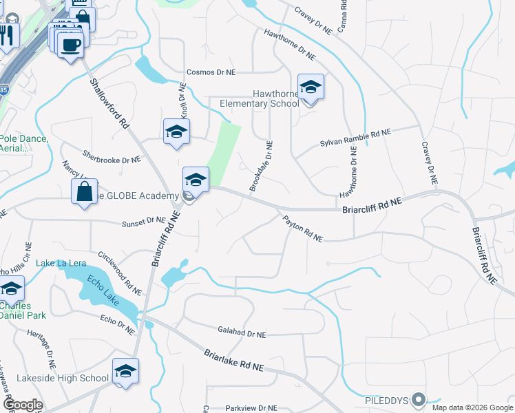 map of restaurants, bars, coffee shops, grocery stores, and more near 4227 Briarcliff Road Northeast in Atlanta