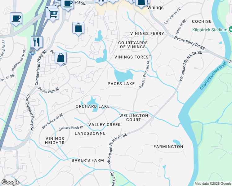 map of restaurants, bars, coffee shops, grocery stores, and more near 2897 Knob Hill Drive Southeast in Atlanta