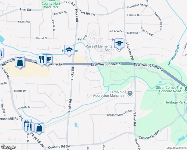 map of restaurants, bars, coffee shops, grocery stores, and more near 705 Lawton Bridge Road Southwest in Austell