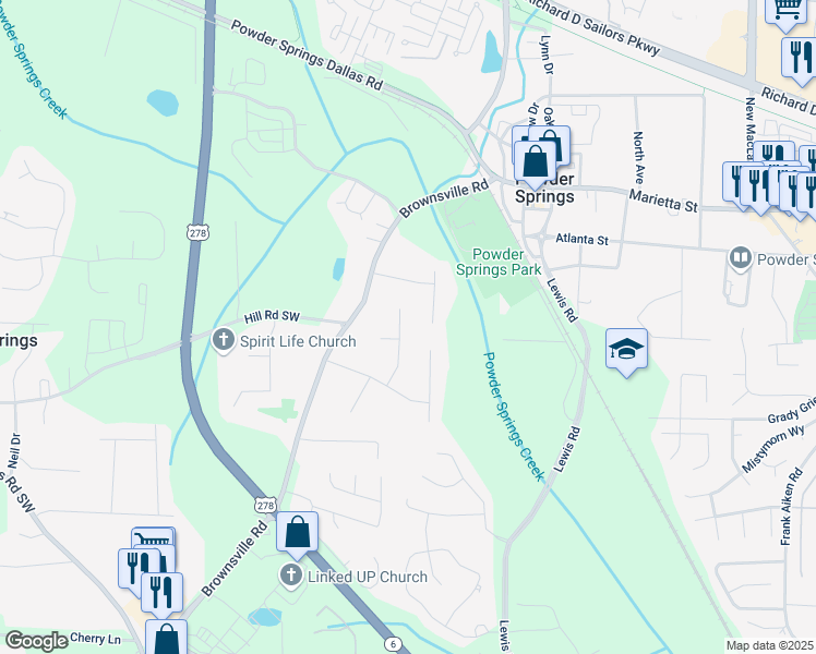 map of restaurants, bars, coffee shops, grocery stores, and more near 4035 Woodbridge Court in Powder Springs