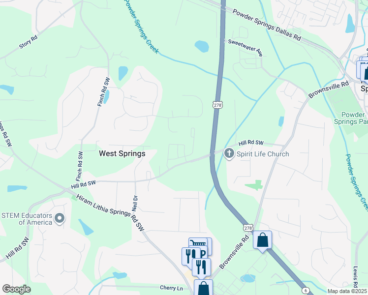 map of restaurants, bars, coffee shops, grocery stores, and more near 5030 Hill Road in Powder Springs