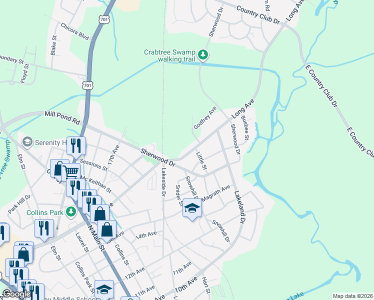map of restaurants, bars, coffee shops, grocery stores, and more near 214 Little Street in Conway