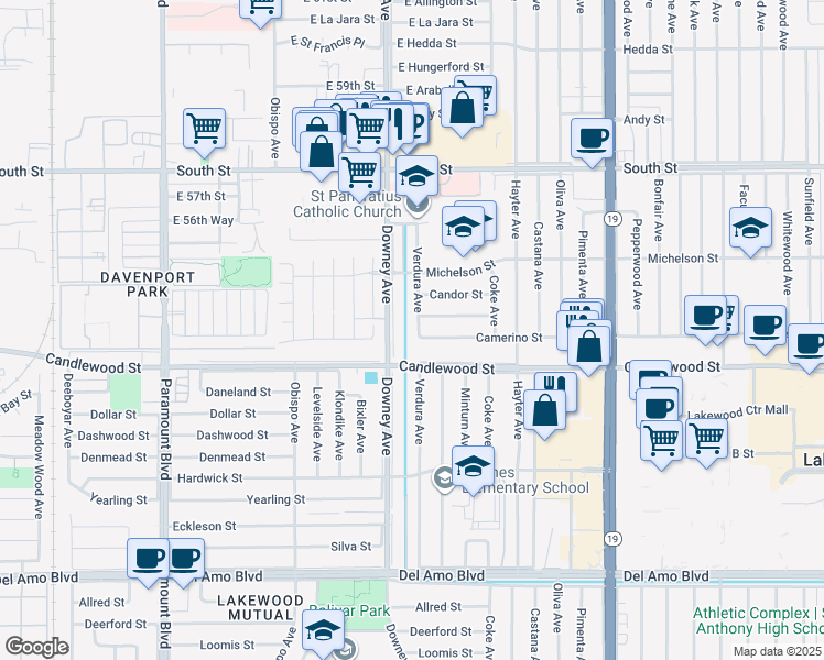 map of restaurants, bars, coffee shops, grocery stores, and more near 5408 Downey Avenue in Lakewood