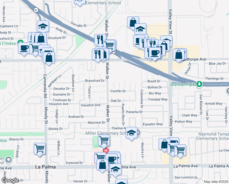 map of restaurants, bars, coffee shops, grocery stores, and more near 7421 Warren Circle in La Palma