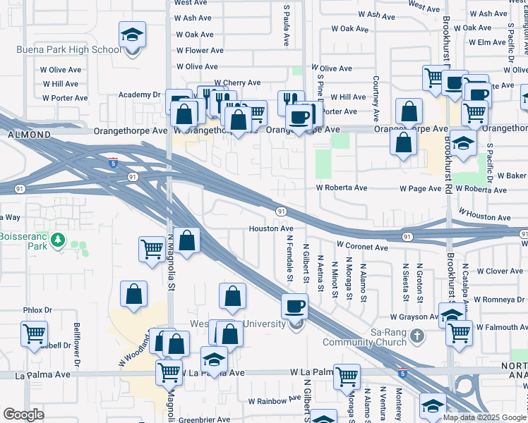 map of restaurants, bars, coffee shops, grocery stores, and more near 9301 Picadilly Way in Anaheim
