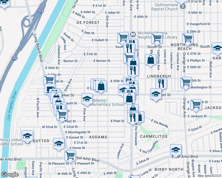 map of restaurants, bars, coffee shops, grocery stores, and more near 416 East Louise Street in Long Beach