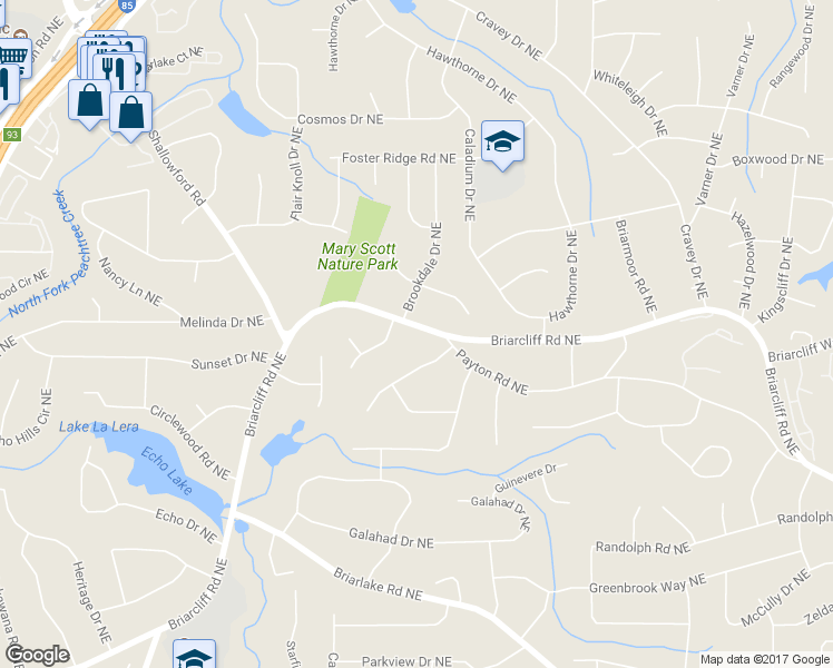 map of restaurants, bars, coffee shops, grocery stores, and more near 4227 Briarcliff Road Northeast in Atlanta