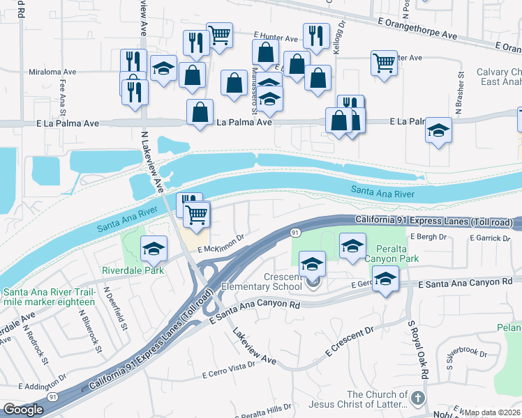 map of restaurants, bars, coffee shops, grocery stores, and more near 4859 East McKay Circle in Anaheim