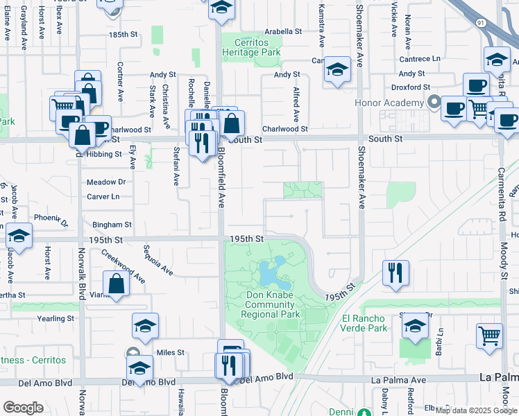 map of restaurants, bars, coffee shops, grocery stores, and more near 19335 Derbyshire Lane in Cerritos