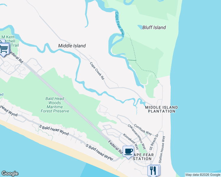 map of restaurants, bars, coffee shops, grocery stores, and more near 17 Cape Creek Road in Bald Head Island