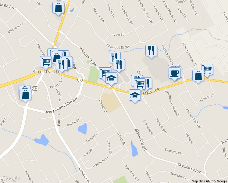 map of restaurants, bars, coffee shops, grocery stores, and more near 2509 Skyland Drive Southwest in Snellville