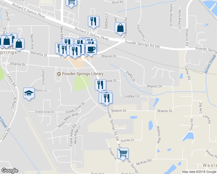 map of restaurants, bars, coffee shops, grocery stores, and more near 4061 Austell Powder Springs Road Southwest in Powder Springs