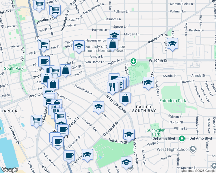 map of restaurants, bars, coffee shops, grocery stores, and more near 1216 Amethyst Street in Redondo Beach