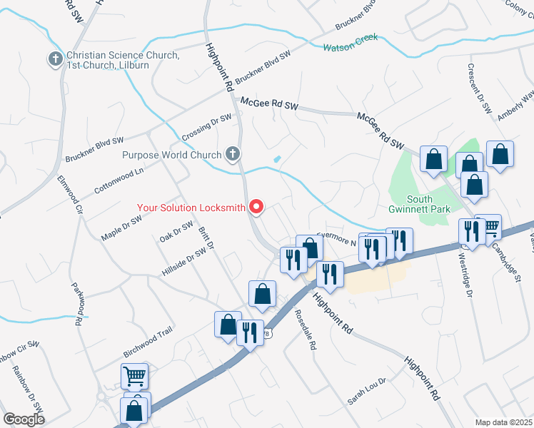 map of restaurants, bars, coffee shops, grocery stores, and more near 1998 Thorngate Lane in Snellville