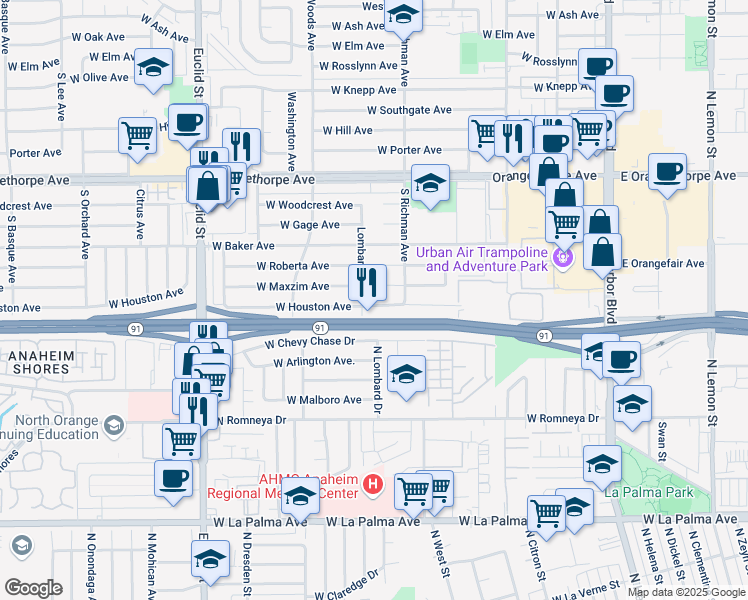 map of restaurants, bars, coffee shops, grocery stores, and more near 531 West Houston Avenue in Fullerton