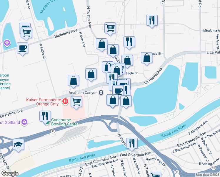 map of restaurants, bars, coffee shops, grocery stores, and more near 1031 PacifiCenter Drive in Anaheim