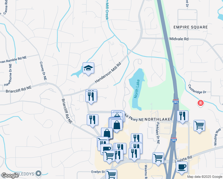 map of restaurants, bars, coffee shops, grocery stores, and more near 2376 Henderson Mill Court in Atlanta