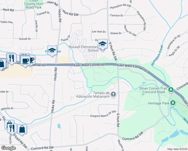 map of restaurants, bars, coffee shops, grocery stores, and more near 4070 Hill House Road Southwest in Austell