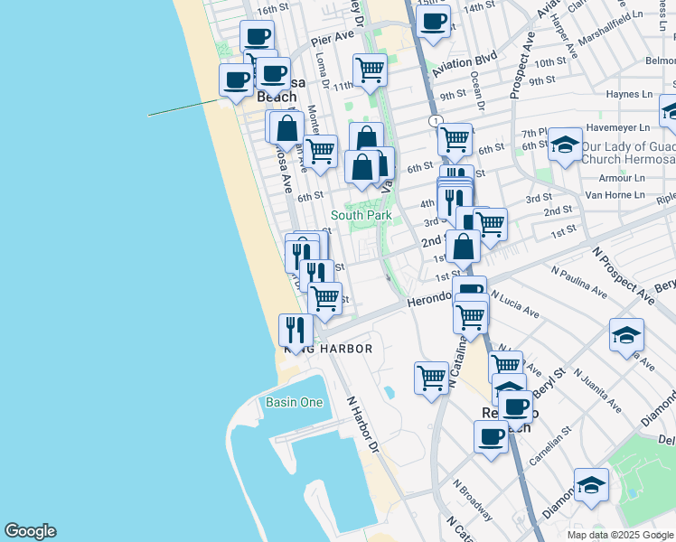 map of restaurants, bars, coffee shops, grocery stores, and more near 2 Bayview Drive in Hermosa Beach