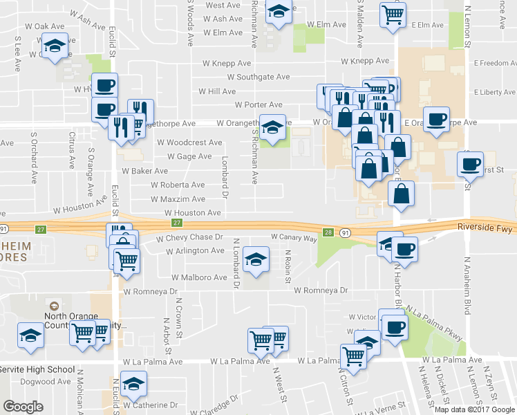 map of restaurants, bars, coffee shops, grocery stores, and more near 475 West Houston Avenue in Fullerton