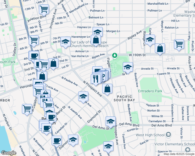 map of restaurants, bars, coffee shops, grocery stores, and more near 1303 Beryl Street in Redondo Beach