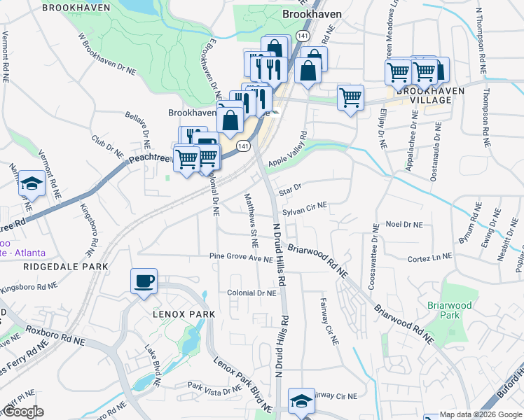 map of restaurants, bars, coffee shops, grocery stores, and more near 1188 Thornwell Drive Northeast in Atlanta