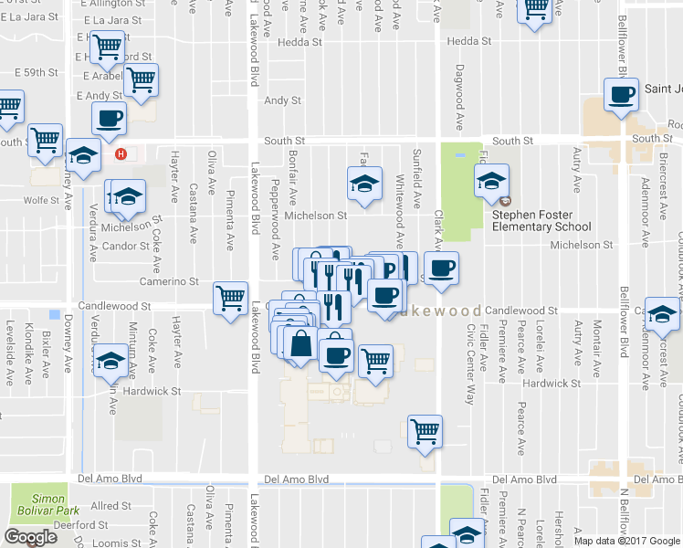 map of restaurants, bars, coffee shops, grocery stores, and more near 5403 Graywood Ave in Lakewood