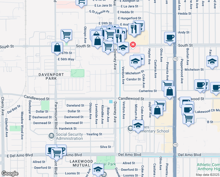 map of restaurants, bars, coffee shops, grocery stores, and more near 5423 Chambers Court in Lakewood