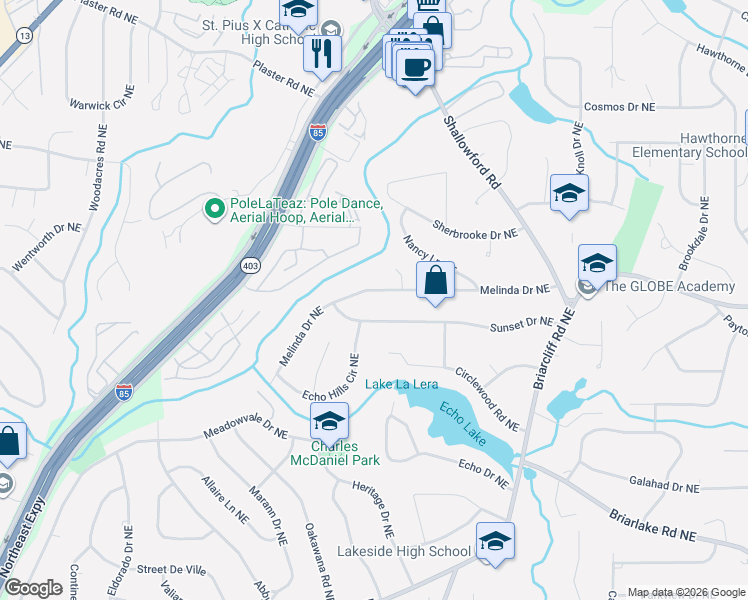 map of restaurants, bars, coffee shops, grocery stores, and more near 2431 Melinda Drive Northeast in Atlanta