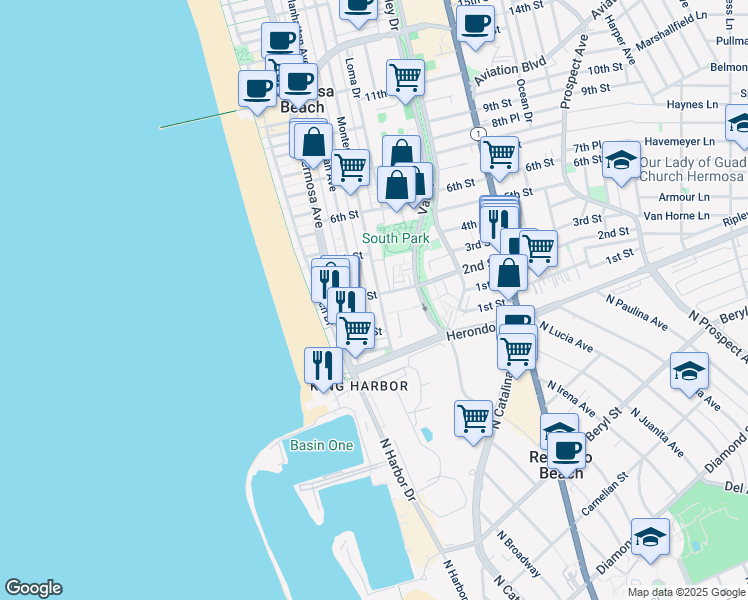 map of restaurants, bars, coffee shops, grocery stores, and more near 222 2nd Street in Hermosa Beach