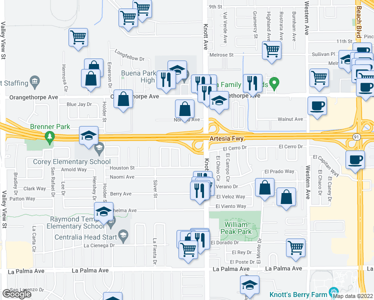 map of restaurants, bars, coffee shops, grocery stores, and more near 7411 Mohawk Circle in Buena Park