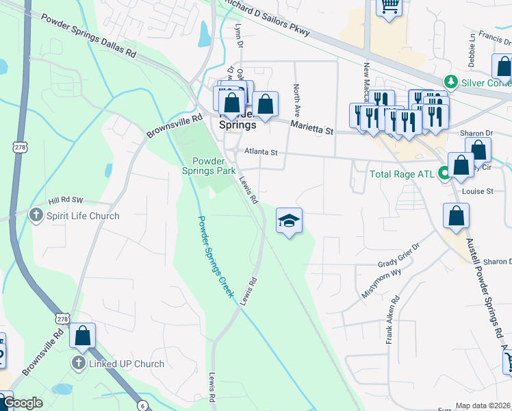 map of restaurants, bars, coffee shops, grocery stores, and more near 4056 Butner Street in Powder Springs