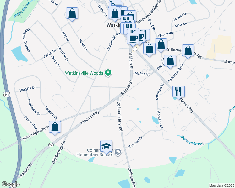 map of restaurants, bars, coffee shops, grocery stores, and more near 53 South Main Street in Watkinsville