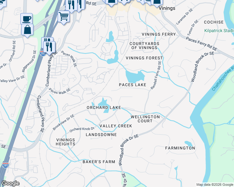 map of restaurants, bars, coffee shops, grocery stores, and more near 2850 Paces Lake Drive Southeast in Atlanta