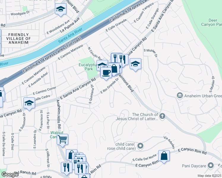 map of restaurants, bars, coffee shops, grocery stores, and more near 154 South Canyon Woods Road in Anaheim