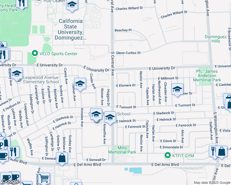 map of restaurants, bars, coffee shops, grocery stores, and more near 19301 Pricetown Avenue in Carson