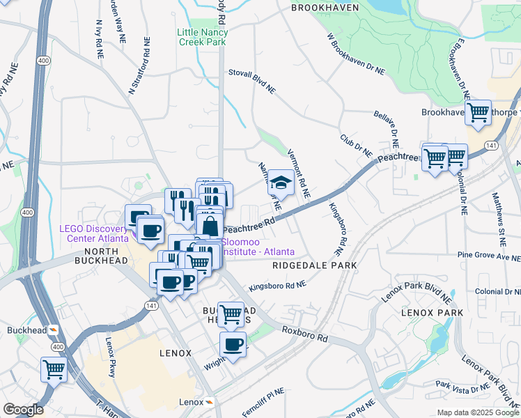 map of restaurants, bars, coffee shops, grocery stores, and more near 3669 Manor Brook Court North East in Atlanta