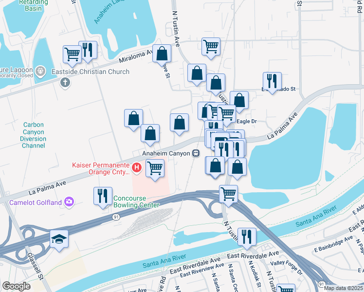 map of restaurants, bars, coffee shops, grocery stores, and more near 3520 East La Palma Avenue in Anaheim