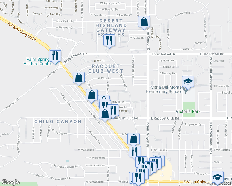 map of restaurants, bars, coffee shops, grocery stores, and more near 375 West Dominguez Road in Palm Springs
