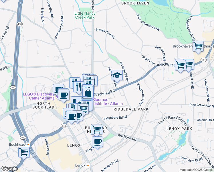 map of restaurants, bars, coffee shops, grocery stores, and more near 3660 Peachtree Road Northeast in Atlanta
