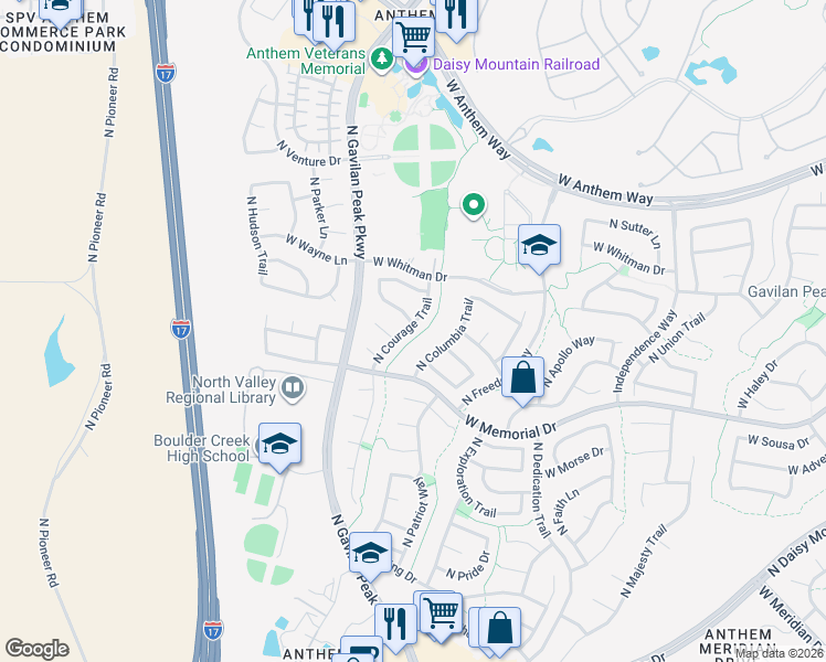 map of restaurants, bars, coffee shops, grocery stores, and more near 40827 North Courage Trail in New River