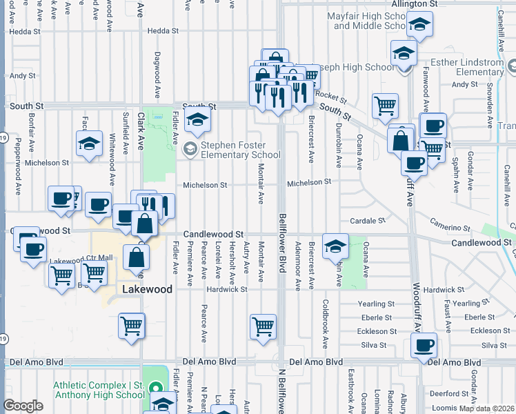 map of restaurants, bars, coffee shops, grocery stores, and more near 5403 Montair Avenue in Lakewood