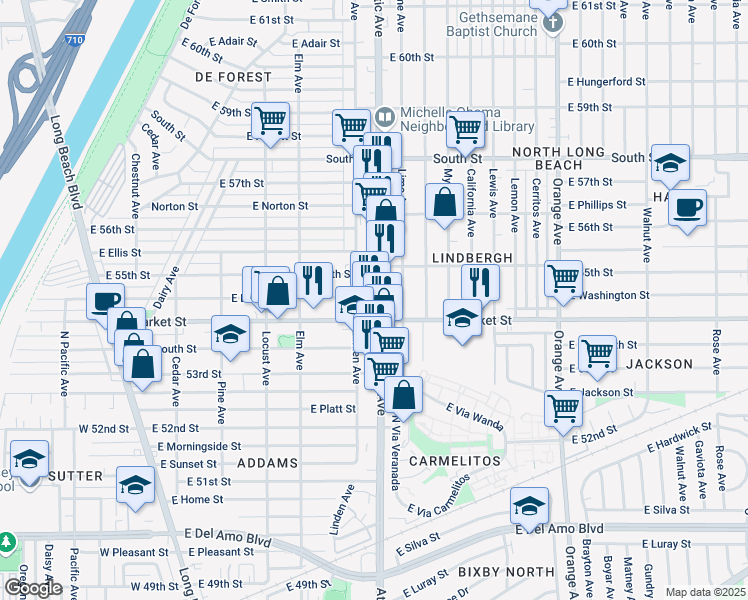 map of restaurants, bars, coffee shops, grocery stores, and more near 5437 Atlantic Avenue in Long Beach