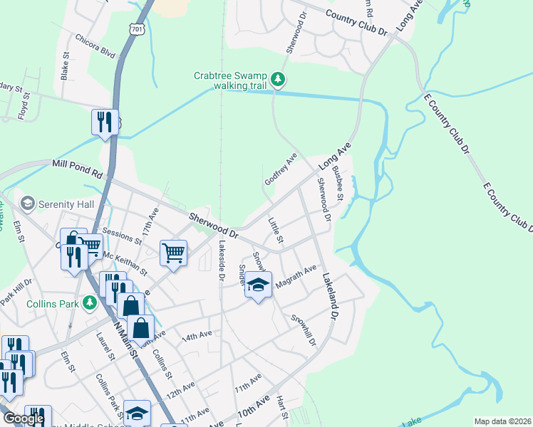 map of restaurants, bars, coffee shops, grocery stores, and more near 214 Little Street in Conway