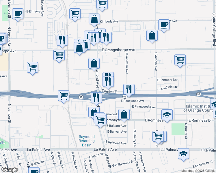 map of restaurants, bars, coffee shops, grocery stores, and more near 1500 South Raymond Avenue in Fullerton