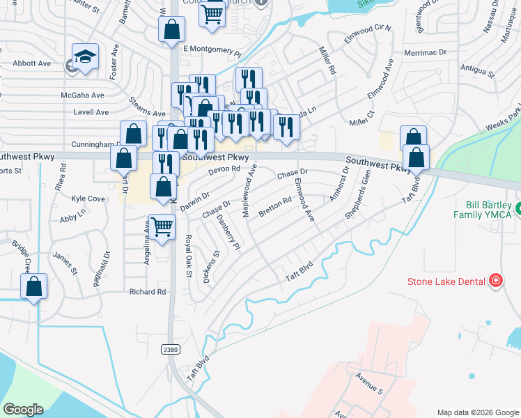 map of restaurants, bars, coffee shops, grocery stores, and more near 2626 Bretton Road in Wichita Falls